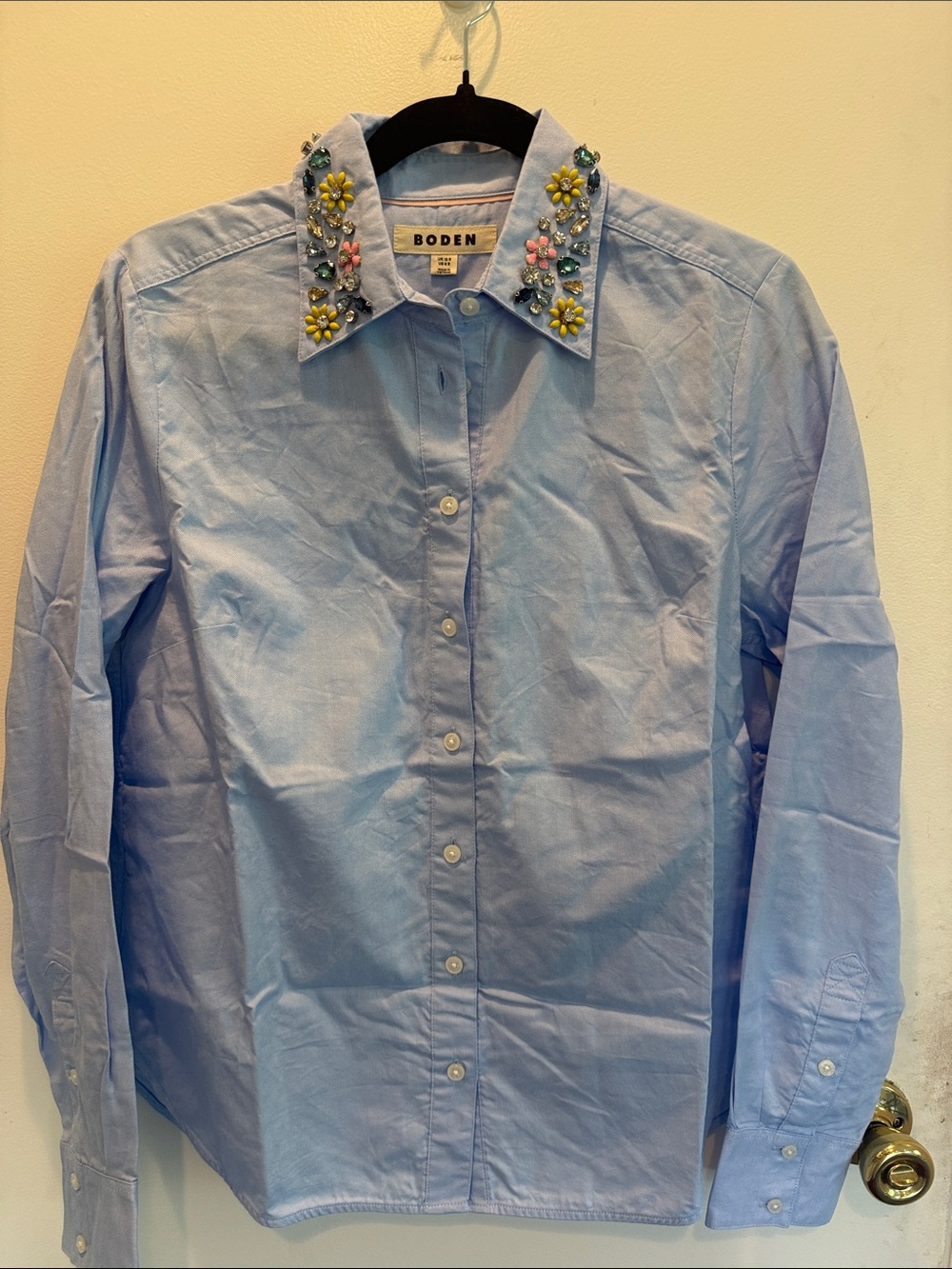 Boden Light Blue Button-Down Shirt with Beaded Floral Collar